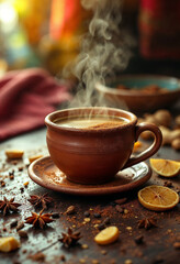 Masala chai in steaming clay cup with Indian spices