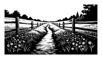 rural path between flower meadows vector