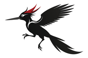 Obraz premium Vector illustration of a black and red stylized woodpecker in flight with transparent background