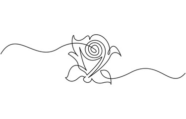 Continuous line drawing of flower rose . Hand drawn sketch of flower with leaves, minimalism design isolated on white. Hand drawn one line vector. Editable stroke.