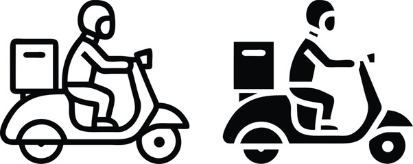 Delivery Scooter Icon Set, Black and White Vector Courier Illustration Isolated