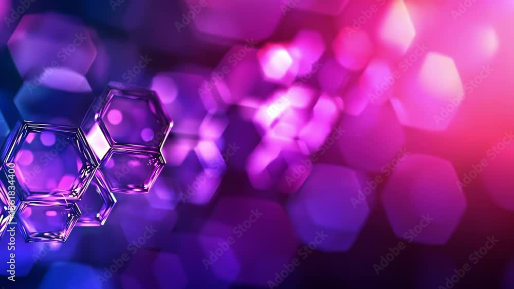 Poster a vibrant abstract background featuring hexagonal shapes with purple and pink hues, creating a dynam