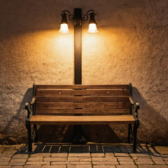 Soft light spills from vintage lanterns, illuminating a wooden bench against a textured wall, inviting night wanderers to pause and reflect in peaceful surroundings Generative AI