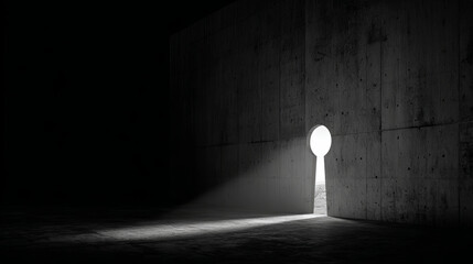 A keyhole revealing a bright, illuminating passage in a dark, concrete room.