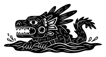 aztec-inspired feathered serpent in water, tribal mythological creature in engraving style
