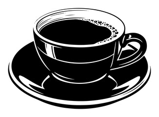 minimalist black and white vector of coffee cup filled with hot drink, elegant cafe-style beverage illustration