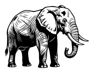 detailed engraving of african elephant with large tusks, majestic animal in side profile pose