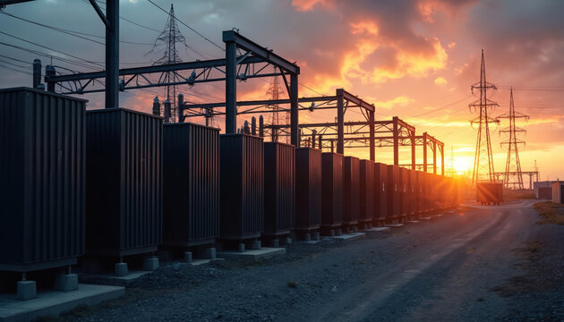 Power infrastructure at sunset. Electrical equipment, power lines, substations against dramatic sky. Energy tech, renewable sources. Illustrates modern power supply, power generation. Sustainable