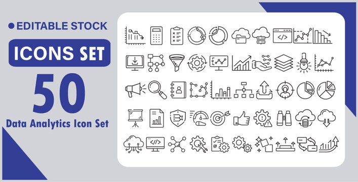 Data analytics icon set. Containing database, statistics, analytics, server, monitoring, computing, network and more. Vector illustration