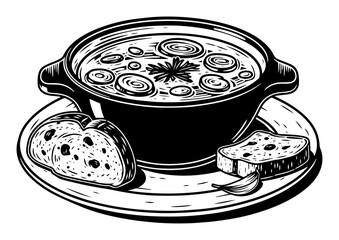 soup bowl with bread vector illustration