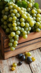 Fresh Bunch of Green Grapes and Purple Onions in Wooden Crate