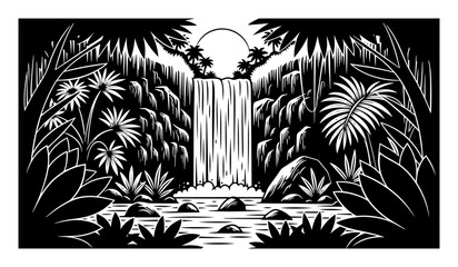waterfall hidden in tropical jungle, vintage black and white vector with lush vegetation © Luka