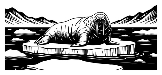 engraved arctic scene with walrus resting on drifting ice sheet, surrounded by icy water and mountains © Luka