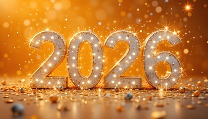 2026 in bold white and gold 3D letters, glowing sparkles and confetti, vibrant orange background, festive celebration style for happy new year 2026