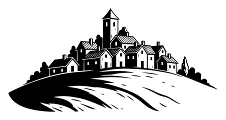 hilltop village silhouette vector