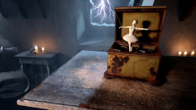 Antique music box with ballerina figurine on a wooden table in a dimly lit room.