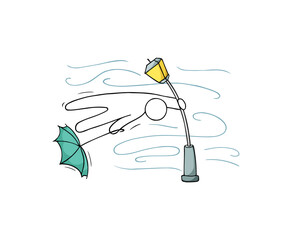 Doodle weather icon with wind and man, lantern. Sketch of man with umbrella in storm, character in windy weather and outline swirls of strong wind, vector hand drawn illustration