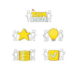 Teamwork icons with people work in team. Business concept with doodle symbols of idea success, partnership. Sketch characters with light bulb, star, gold coins and check mark, vector illustration