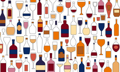Seamless pattern with wine bottles, glasses and alcohol drinks. Abstract background for bar menu. Geometric pattern with line bottles with wine, champagne, beer, cocktail glasses, vector illustration