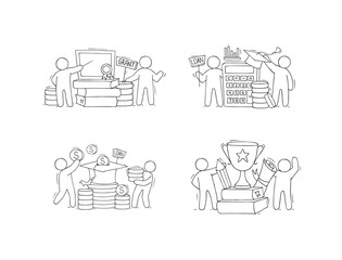 Teamwork icons with people work in team. Business concept with doodle symbols of idea success, partnership. Sketch characters with light bulb, star, gold coins and check mark, vector illustration
