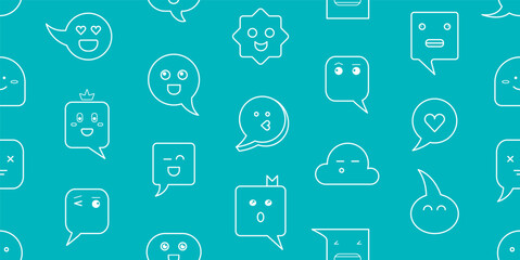 Cute seamless pattern with speech bubbles with smiling faces. Abstract set with different shapes text boxes, cute characters of dialog clouds with heart and crown, vector flat illustration