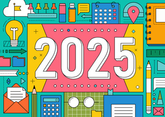 Geometric background of 2025 new year. Business, office work concept with creative flat pattern with books, calendar, pen, paper notebook. 2025 year banner with geometric pattern, vector illustration