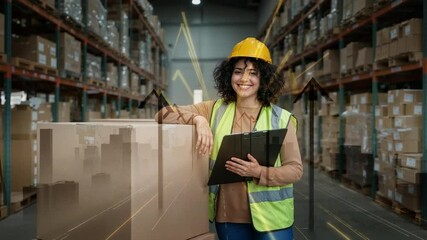 Adjusting clipboard grip supervisor reviewing metrics in warehouse aisle with rising overlay boxes - Powered by Adobe