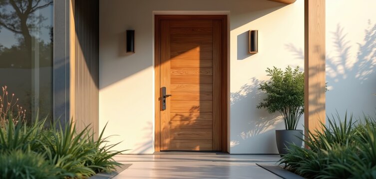 Modern wooden front door design illuminated sunlight. Clean lines, minimalist style. Entryway architectural detail. Residential home exterior with shadow, warm lighting, wood texture. Urban design