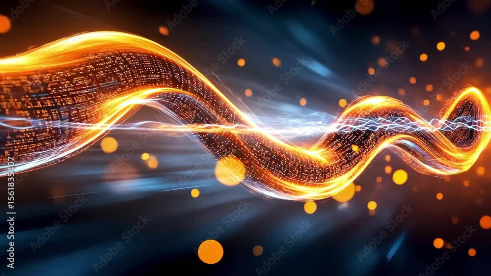 Poster a vibrant abstract representation of flowing light and digital patterns, conveying a sense of moveme