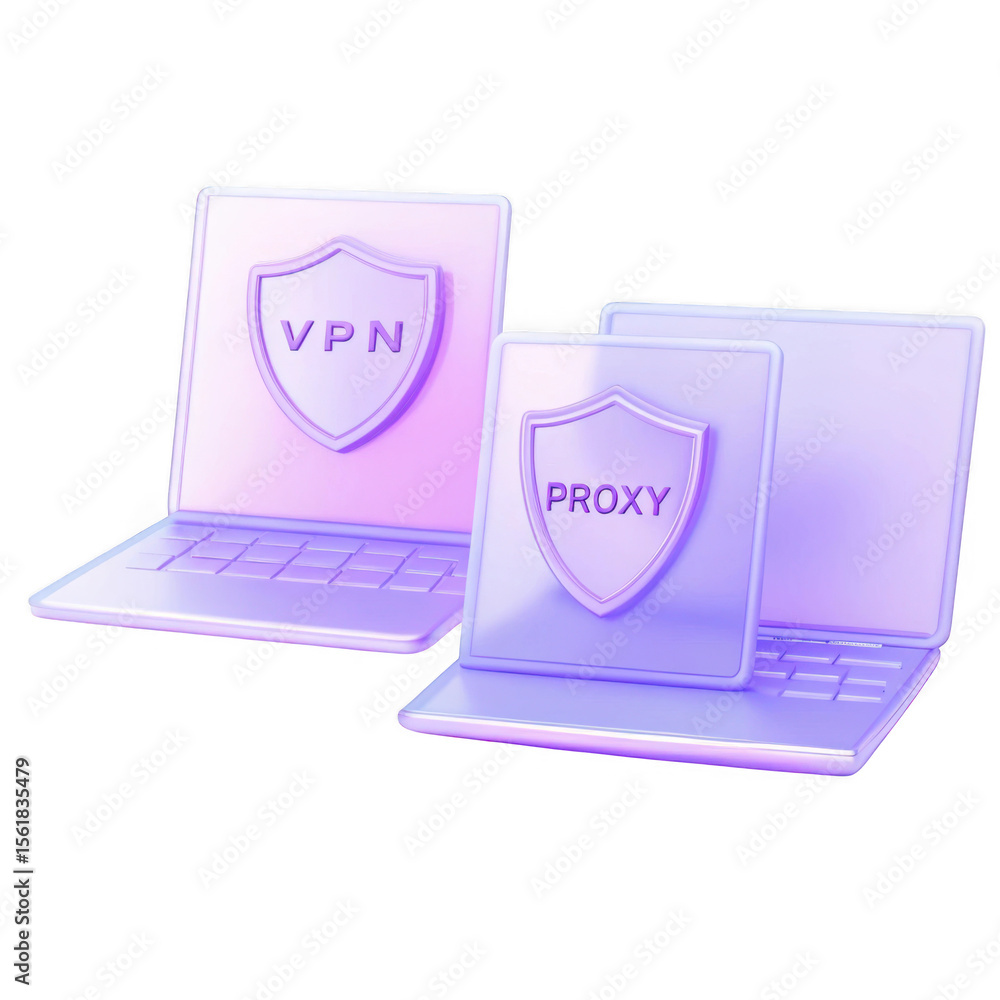 Poster two laptops with vpn and proxy shields isolated on transparent background