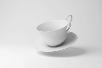 White classic tea cup and a saucer in the mid air on a white background. Illustration of the concept of tea culture and porcelain