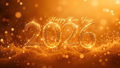 Elegant calligraphy-style Happy New Year 2026, warm orange background with golden dust, light flares, and soft festive lighting