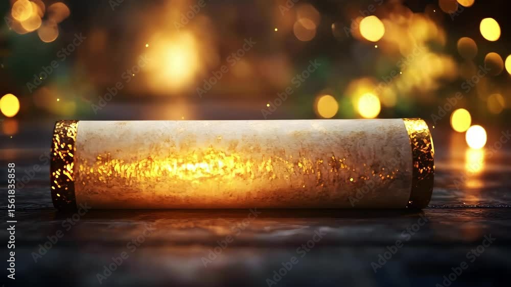 Poster a decorative scroll with glowing edges, set against a blurred background of warm lights and a soft g