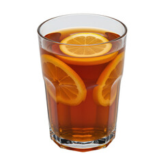 Fototapeta premium Refreshing amber tea in a faceted glass with vibrant orange citrus slices