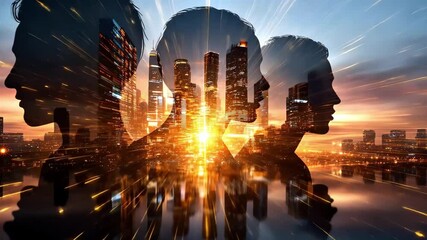 Silhouettes of three heads with a city skyline and sunset, creating a dynamic, creative visual effect.
