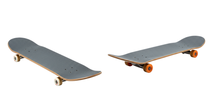 Skateboard set with gray deck and orange wheels on white background  isolate set