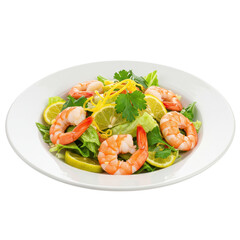 Shrimp salad with lemon, lettuce, and cilantro on a white plate