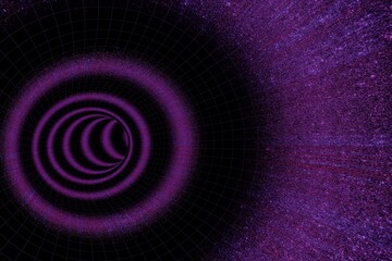 Abstract digital artwork depicting a purple, swirling vortex within a gridded.  The vortex features concentric circles, leading to a dark center, shows radiating lines and a speckled texture