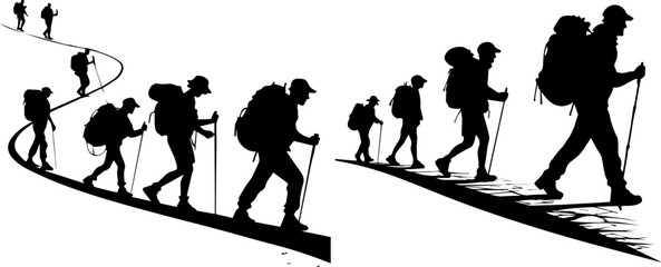 Group of Hikers with Trekking Poles Silhouette - Outdoor Adventure & Mountain Trail