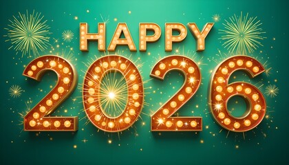Bold and modern “Happy New Year 2026” lettering with fireworks and glowing lights, emerald green background, cheerful and vibrant design