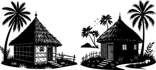 Tropical Huts with Palm Trees Silhouette - Island Life & Traditional Homes © Rezowan 