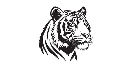 Intense tiger face with striking blue eyes and bold lines silhouette