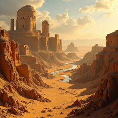 Vast golden sands stretch across the ancient valley, where remnants of Hebrew civilization rise amidst rocky cliffs and flowing waters under a vibrant sky Generative AI