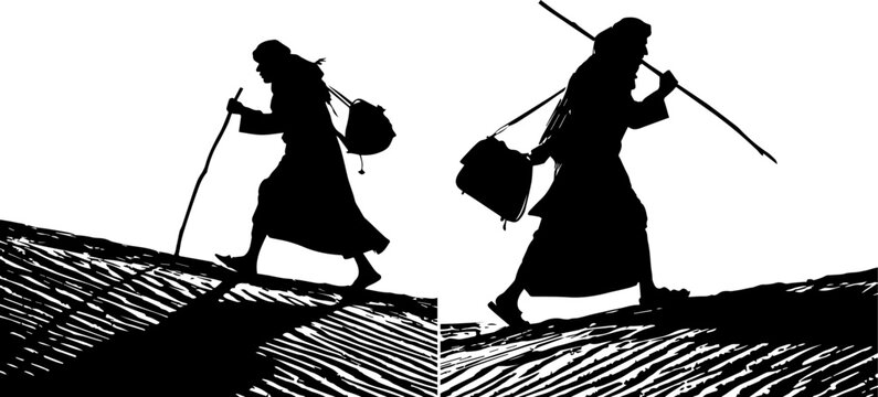 Old Man Wanderer with Stick and Bag Silhouette - Ancient Journey and Wisdom