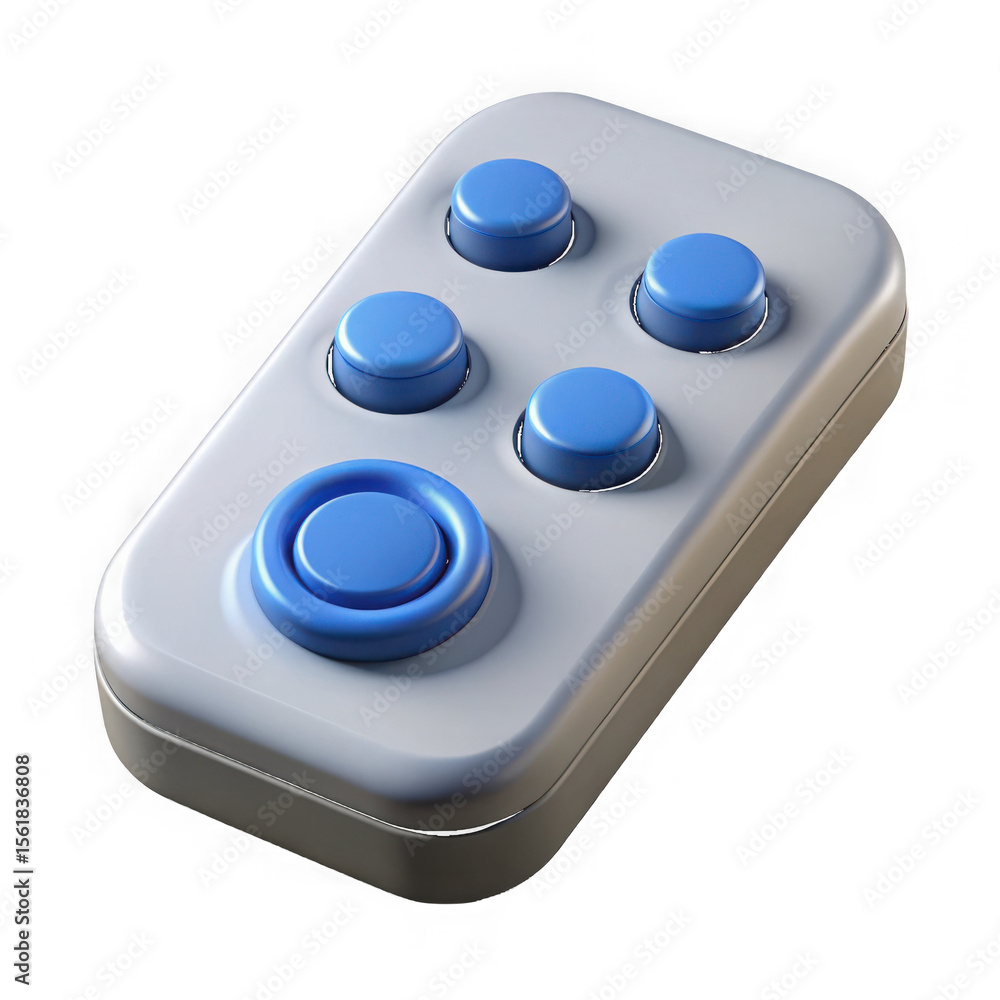 Poster retro style video game controller with a joystick and four blue buttons isolated on transparent back
