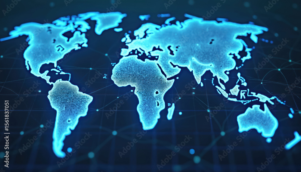 Poster digital map of world with glowing blue lines connecting data points. abstract representation of glob