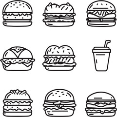 Chicken sandwich Black Line Editable Icons set