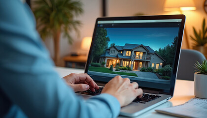 Real estate agent conducts virtual home tour laptop. Modern home office setting. Realtor uses computer, house image, floor plans. Customer service business, technology interaction, cyberspace