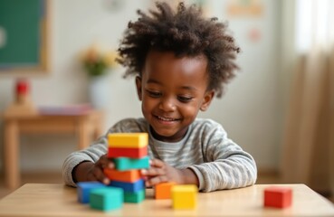 Smiling black boy plays colorful building blocks. Child constructs tower learning in classroom. Preschool education, development. Happy kid engaged in educational activity. Cognitive skills, early