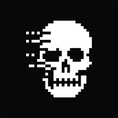 Pixel Art Glitch Skull White on Black